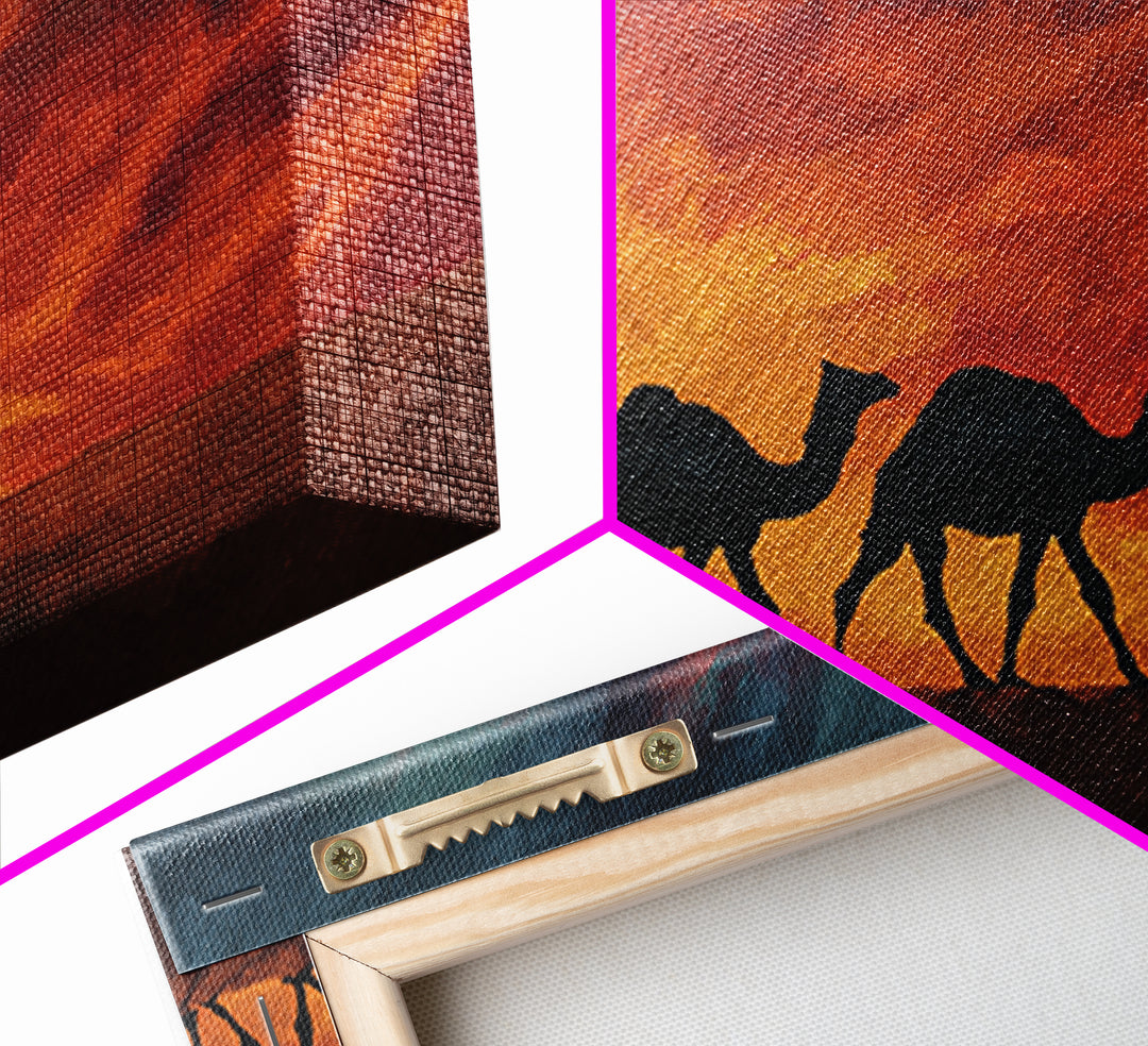 Fiery Sunset Camel Caravan Silhouettes, Canvas Print, African Safari Wall Art, Burnt Orange Desert Decor For Living Room