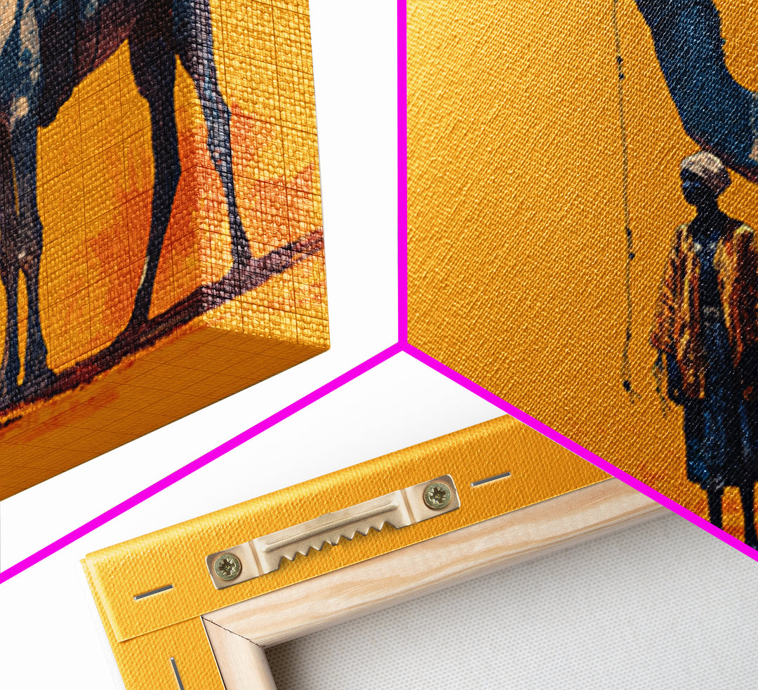 Blue Camel And Tuareg Traveler On Orange, African Wall Art, Minimalist Desert Portrait, Unique Canvas Gift For Him, Home Decor