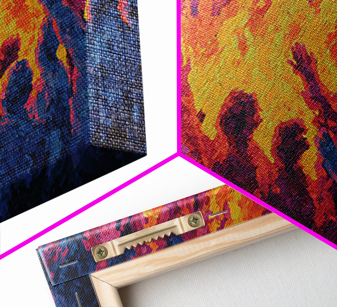 Celebration Around Fire Wall Art, Vibrant African Inspired Abstract, Festival Dance Canvas Print For Bold Cultural Decor
