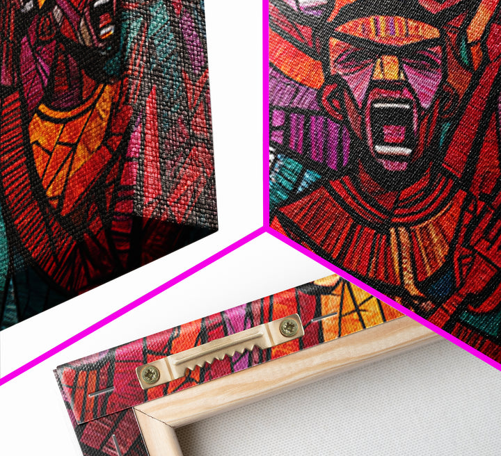 Stained Glass African Choir Wall Art, Bold Red Tribal Celebration Painting, Black Culture Decor, Expressive Canvas Print