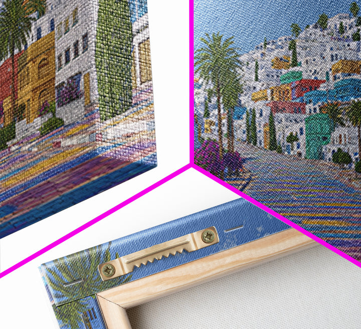 Sunny White Hillside Street With Rainbow Steps Canvas Print, Morocco Africa Travel Poster, Blue Palm Tree Wall Decor Art