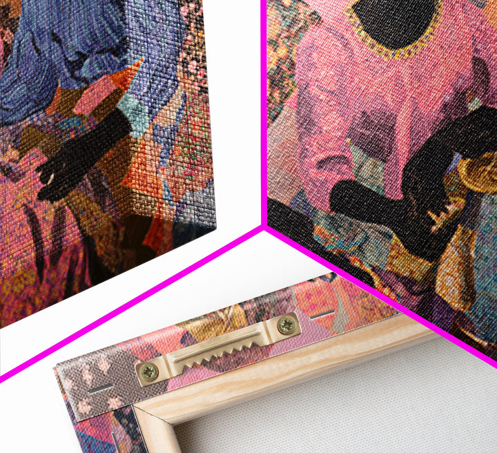 Three African Women Sharing Tea Framed Canvas Print, Textile Art, African Fabric, Black Women Art, Cultural Home Decor Gift