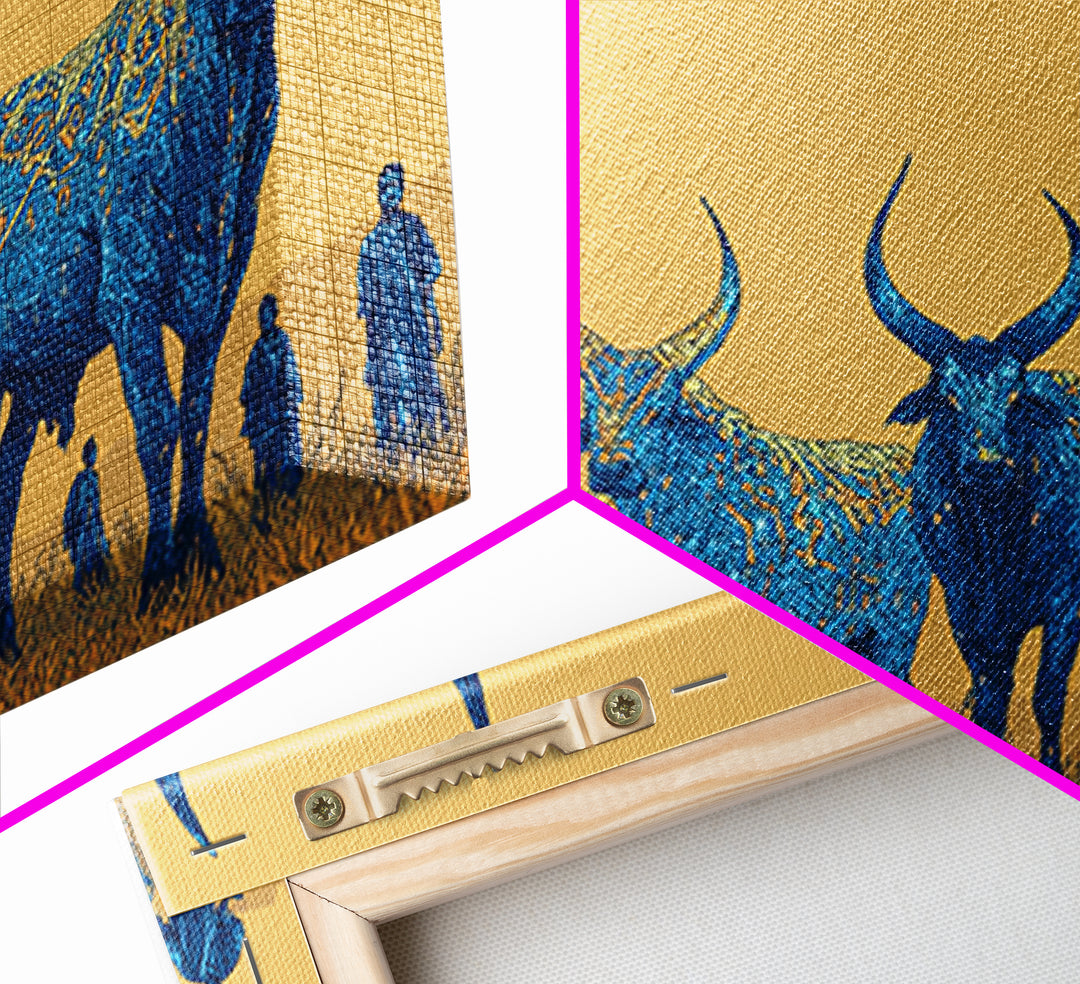 Blue Ornate Ankole Cattle Herd Canvas Print, African Safari Art, Tribal Animal Decor, Golden Savanna Statement Wall Art Print
