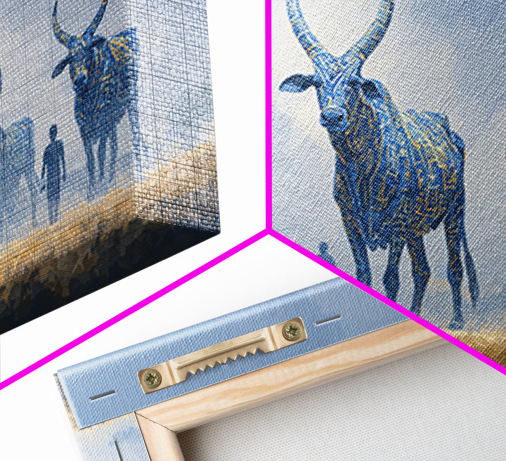 Misty Blue Ankole Cattle In Grassland Framed Canvas Print, African Animal Art, Serene Safari Decor, Modern Wall Art Home Decor