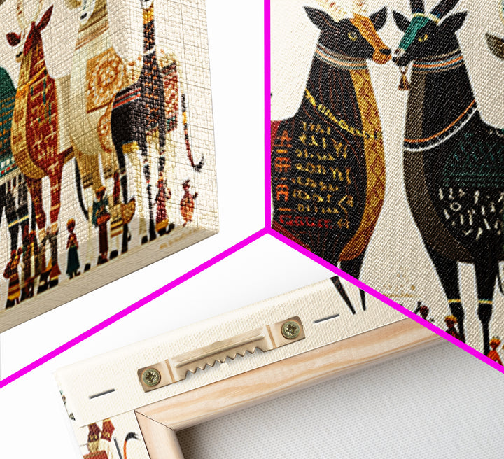 Stylized Sacred Cattle And Villagers Framed Canvas Print, African Egyptian Art, Tribal Culture Decor, Colorful Wall Art Print