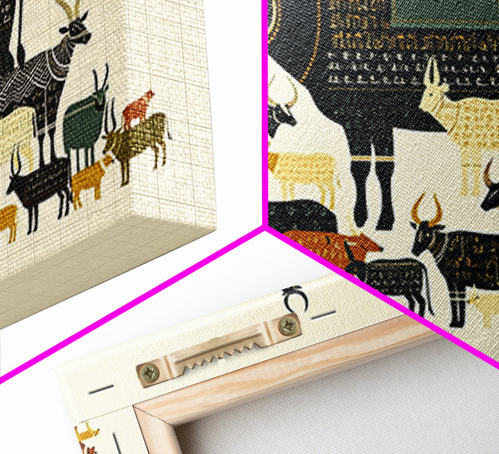 Stacked Sacred Cattle Hieroglyph Inspired Canvas Print, African Egyptian Art, Tribal Animal Decor, Unique Wall Art Print