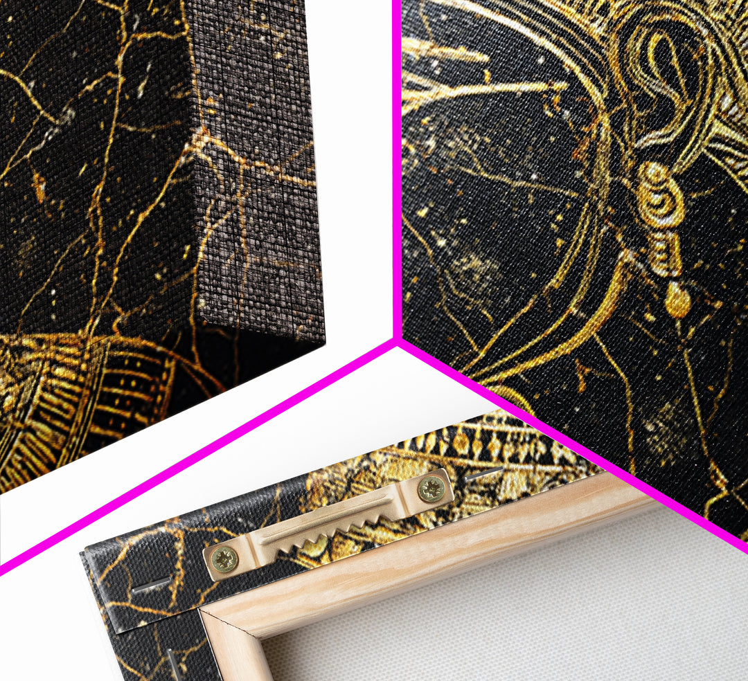 Gold Egyptian Queen Profile On Black Marble Wall Art, African Portrait, Afrocentric Decor, Black And Gold Cultural Home Decor