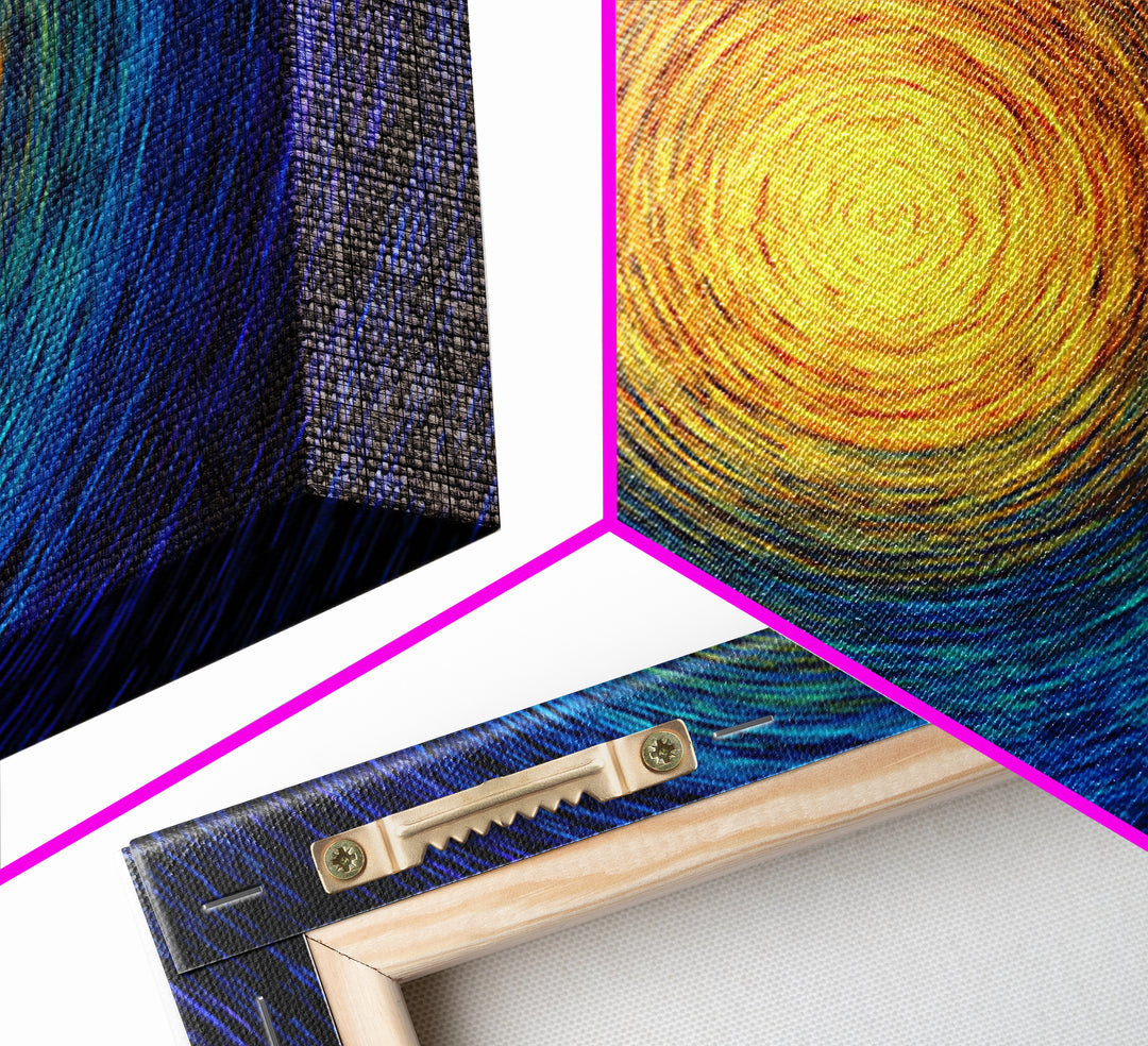 Radiant Sun Spiral In Blue And Gold Wall Art, Abstract African Inspired Print, Modern Canvas Decor, Meditation Room Artwork