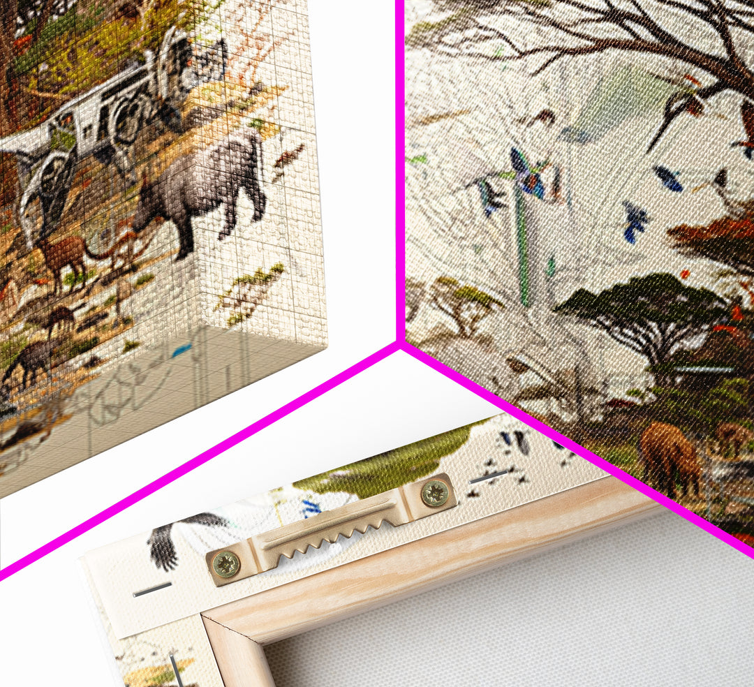 Acacia Safari Wildlife Collage Framed Canvas Print, African Animal Art, Serengeti Wall Decor, Nature Scene Living Room Decor