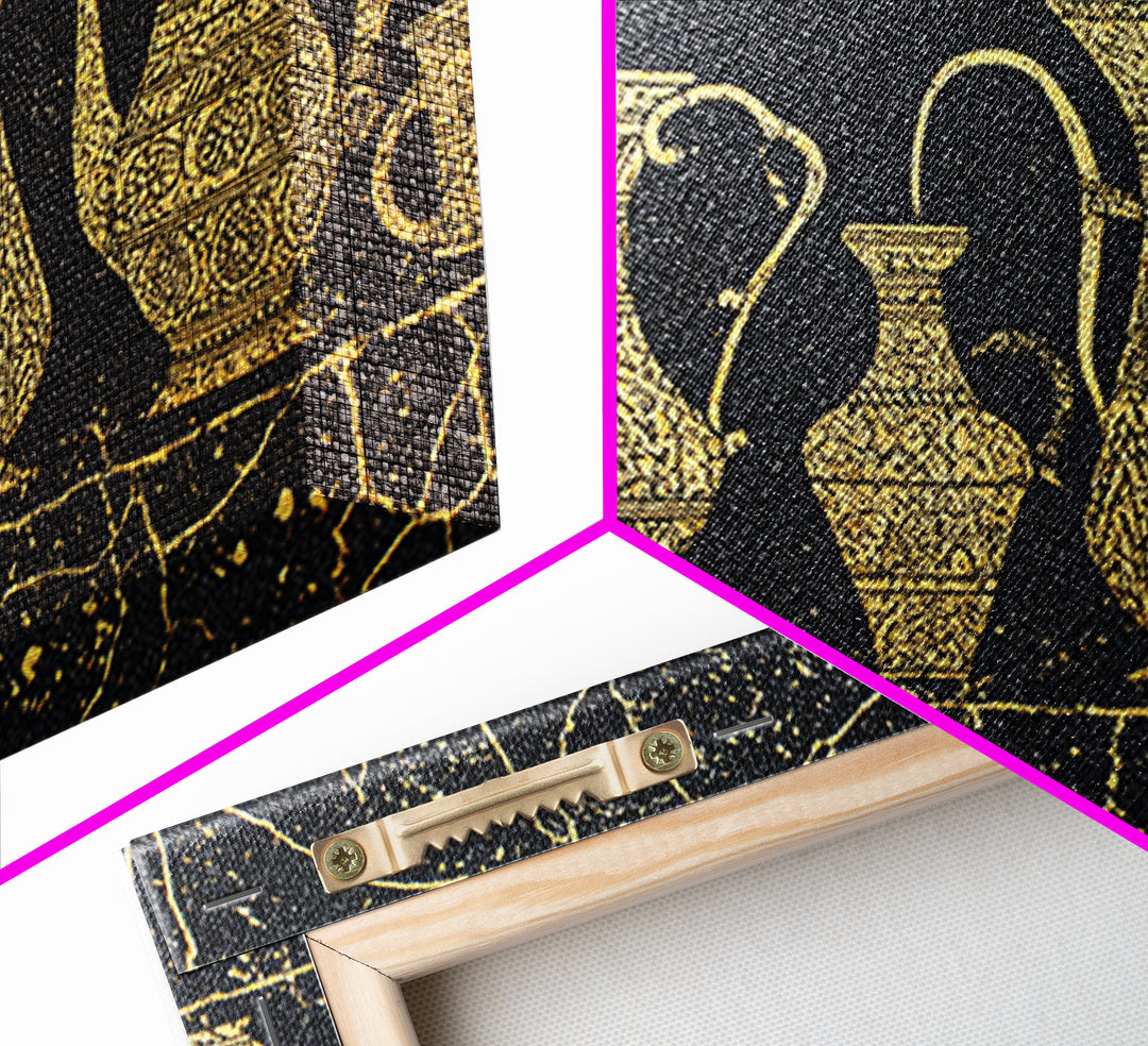 Gold African Coffee Pots Canvas Print, Ornate Black And Gold Design, Ethnic Kitchen Wall Decor, Luxury Cultural Art Gift