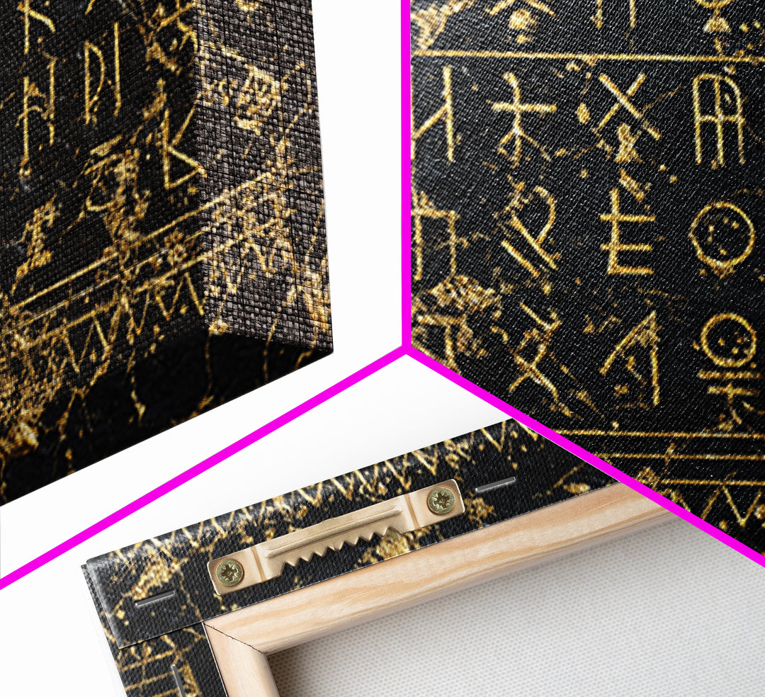 Black Gold Tribal Inscription Canvas Print, Ancient African Art, Textured Wall Decor, Ethnic Cultural Wall Art Gift For Him