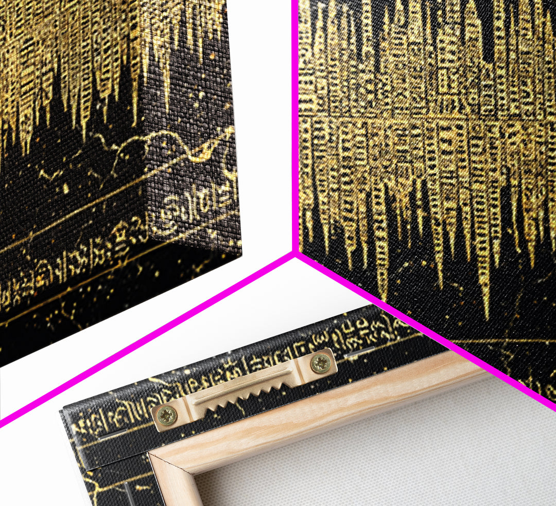 Golden Ancient Soundwave Script Wall Art, Black And Gold African Abstract, Spiritual Office Decor Framed Canvas Print Gift