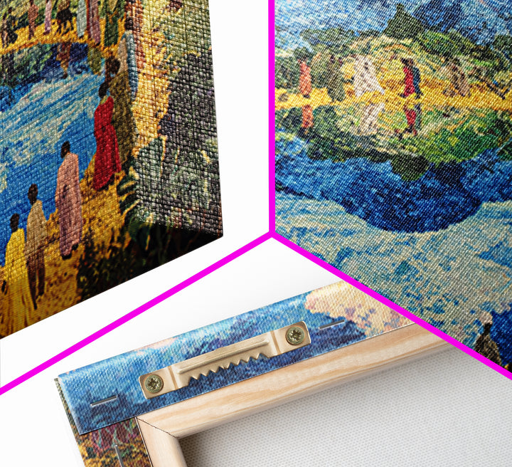 African Village Gathering By Blue Lake Wall Art, Colorful Landscape, Cultural Celebration, Large Living Room Canvas Print