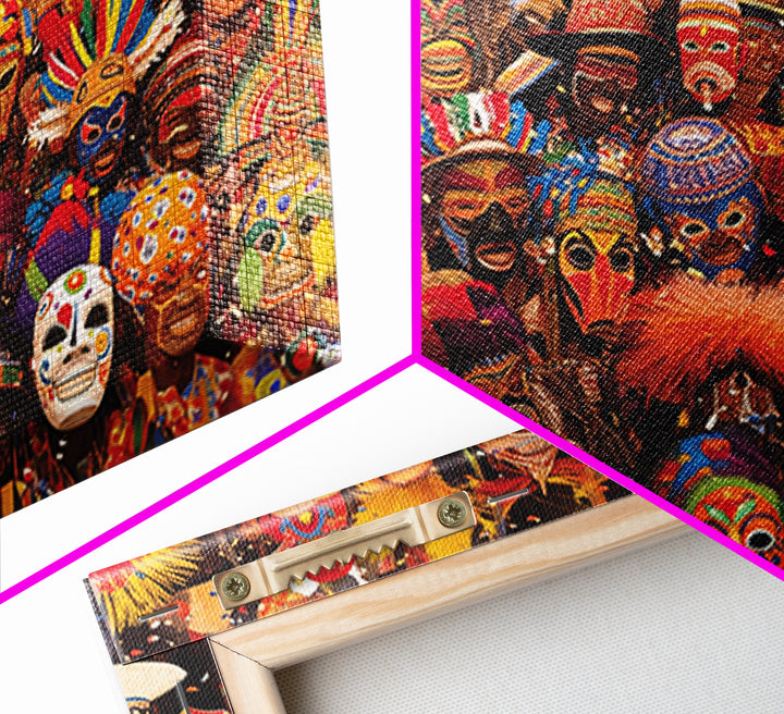Festive African Carnival Mask Crowd Canvas Print, Colorful Tribal Wall Art, Afrocentric Celebration Decor, Black Culture Gift