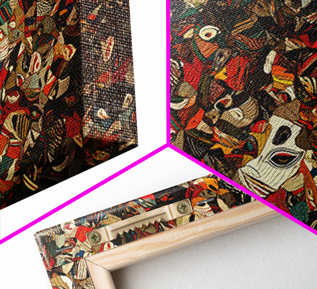 Dense African Tribal Mask Collage Wall Art, Abstract Ethnic Pattern, Afrocentric Decor, Bold Cultural Canvas Print Poster