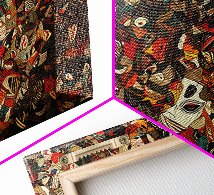 Dense African Tribal Mask Collage Wall Art, Abstract Ethnic Pattern, Afrocentric Decor, Bold Cultural Canvas Print Poster