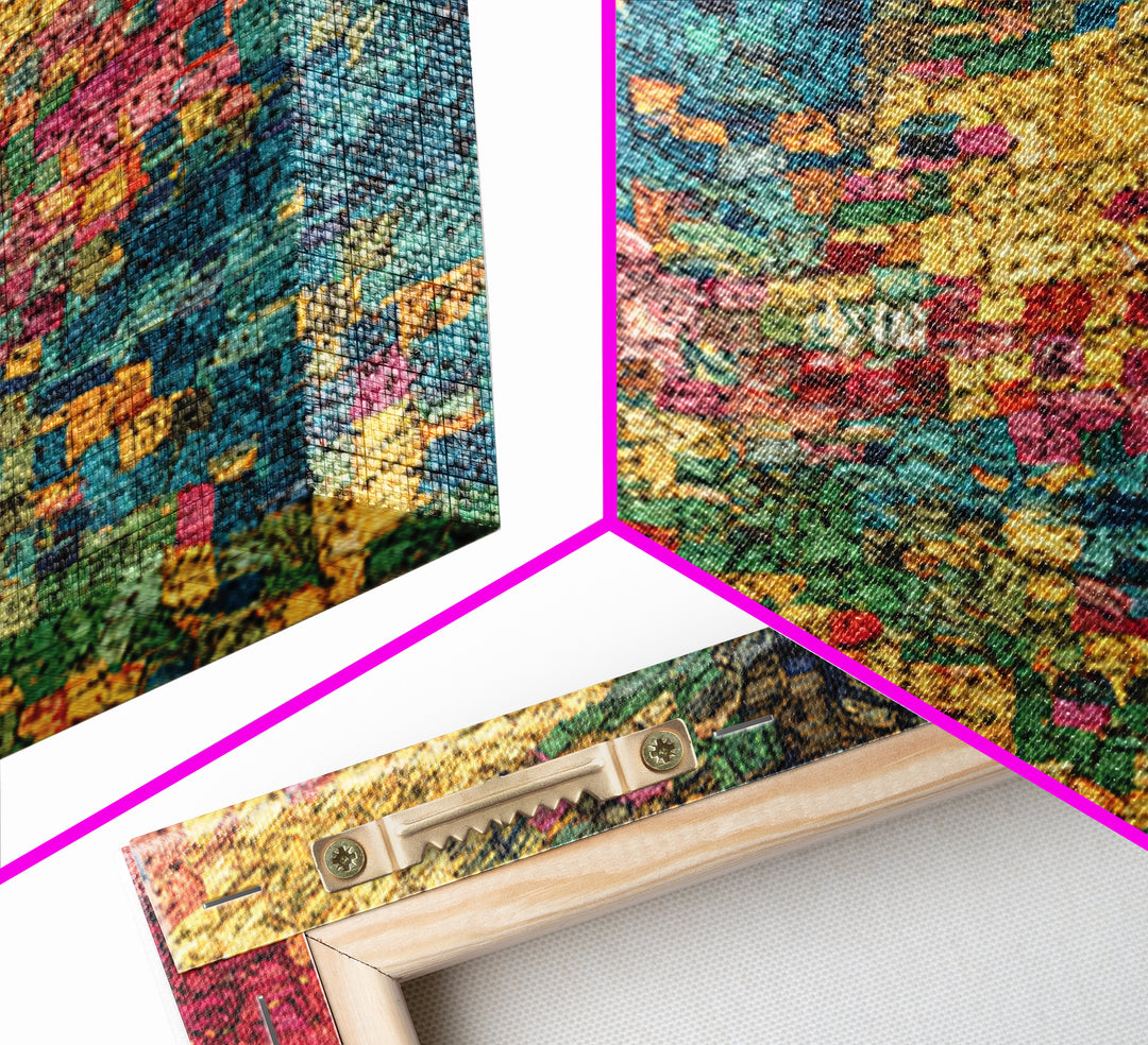 Colorful Mosaic Textile Landscape Wall Art, Abstract African Fabric Patterns, Modern Boho Decor, Textured Canvas Print Gift