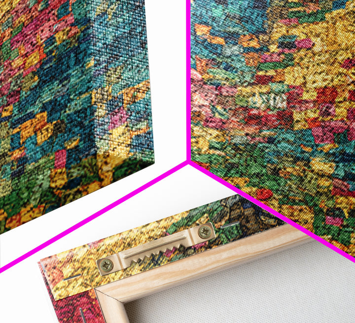 Colorful Mosaic Textile Landscape Wall Art, Abstract African Fabric Patterns, Modern Boho Decor, Textured Canvas Print Gift