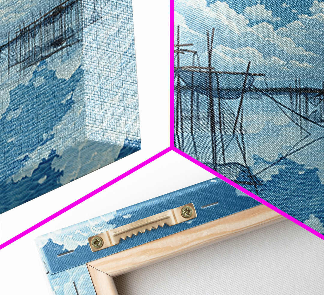 Bright Fishing Nets And Stilt Huts On Blue Lake Wall Art, African Landscape, Coastal Canvas Print, Serene Bedroom Decor Gift