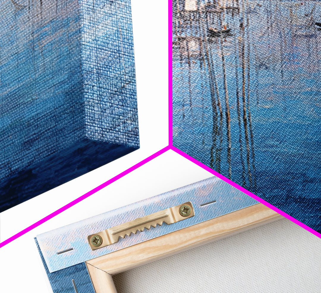 Painterly Blue Stilt Village With Small Boat Canvas Print, African Wall Art, Coastal Living Room Decor, Serene Lake Gift