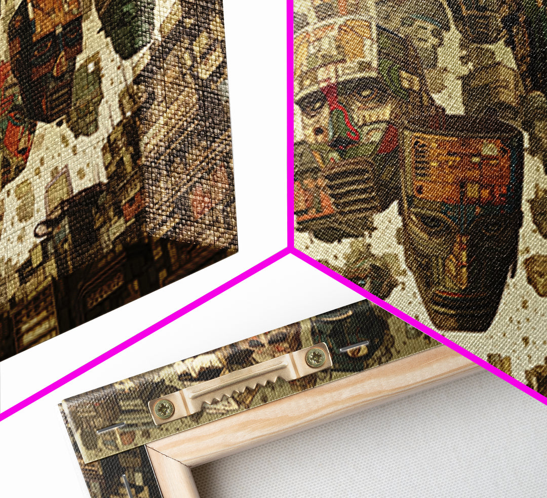 Floating Tribal Masks In Futuristic African City Framed Canvas Print, African Mask Art, Afrocentric Wall Decor, Bold Gift