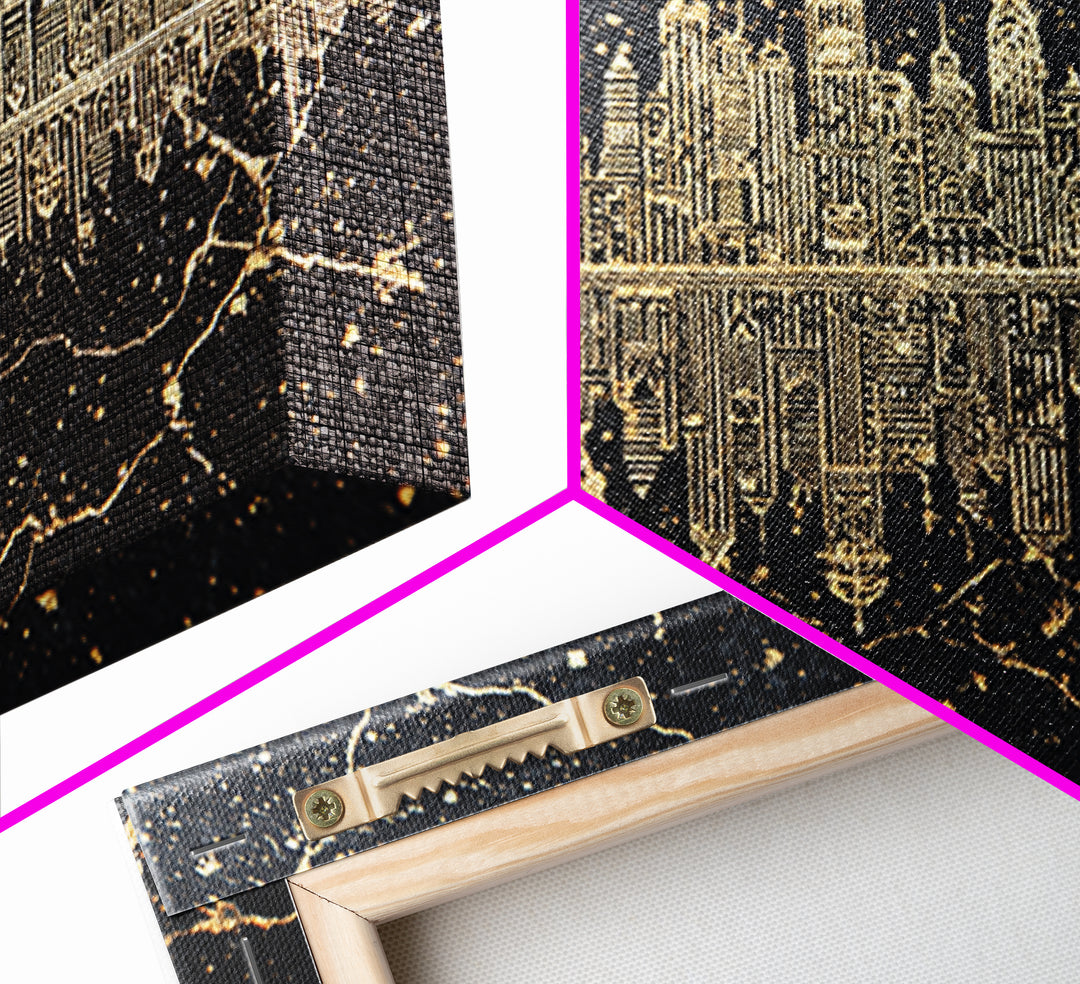 Gold Line Art Skyline Reflected On Black Marble Wall Art, Luxury Canvas Print, Modern Office Decor, Elegant Home Decor Gift