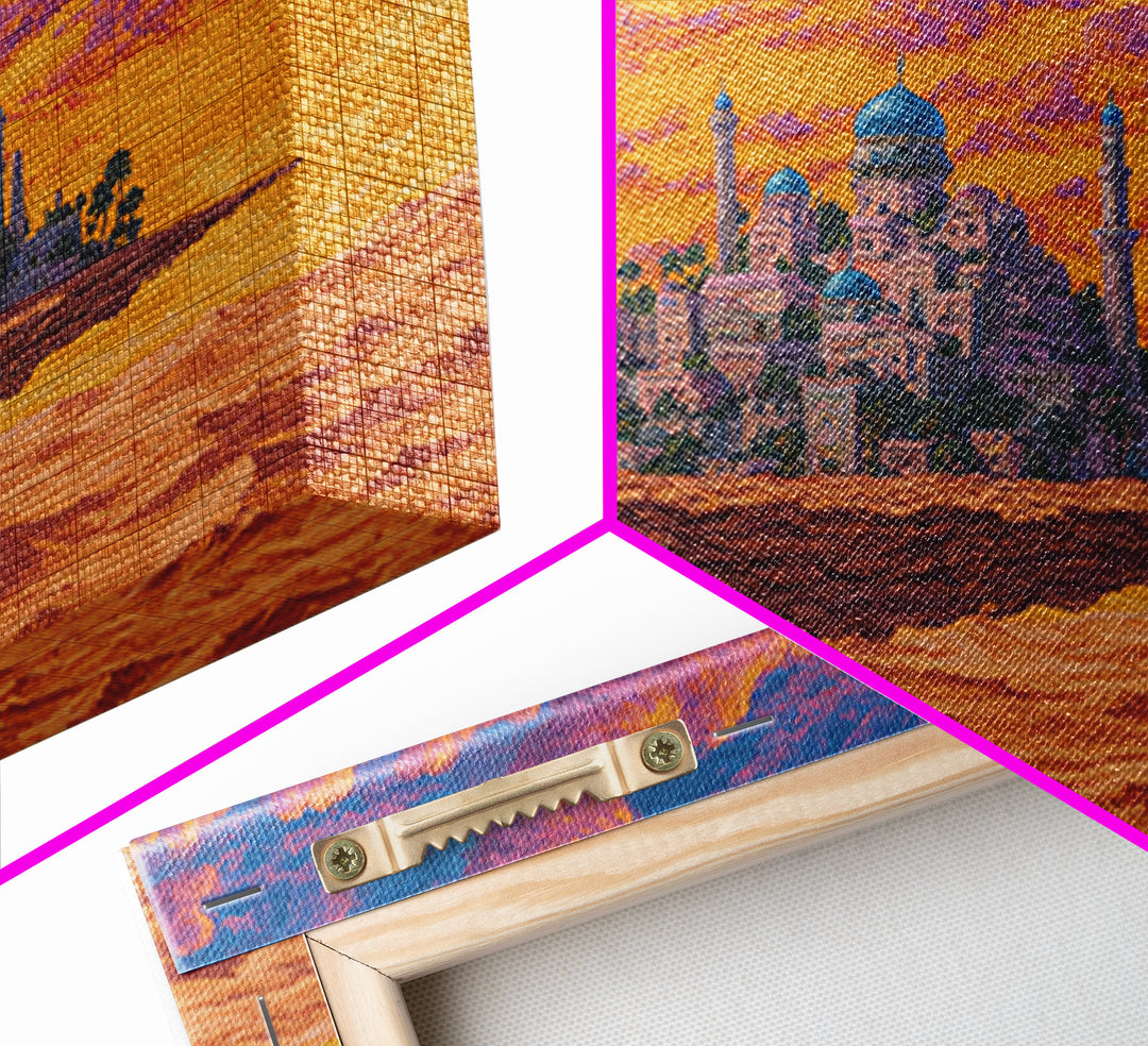 Floating Desert Palace Framed Canvas Print, Orange Sunset Mosque Artwork, African Inspired Travel Decor For Statement Walls