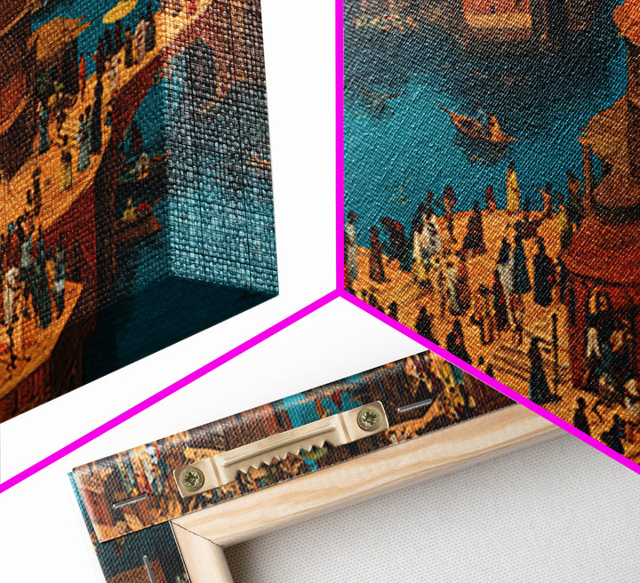 Bustling African Canal Market Wall Art, Crowded Waterfront City Print, Cultural Decor For Living Room Or Office Gallery Wall