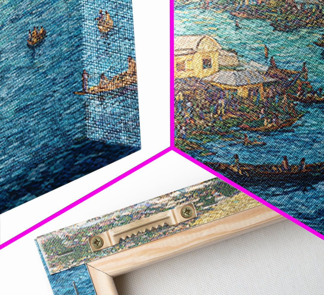 Blue Floating Village Canvas Print, African Coastal Boats And Water Market, Cultural Wall Decor For Living Room Gallery Art