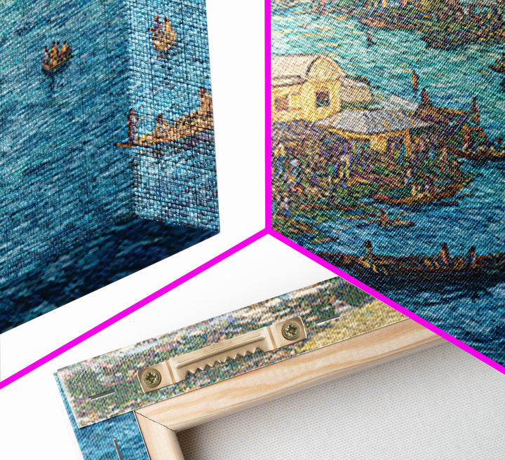 Blue Floating Village Canvas Print, African Coastal Boats And Water Market, Cultural Wall Decor For Living Room Gallery Art