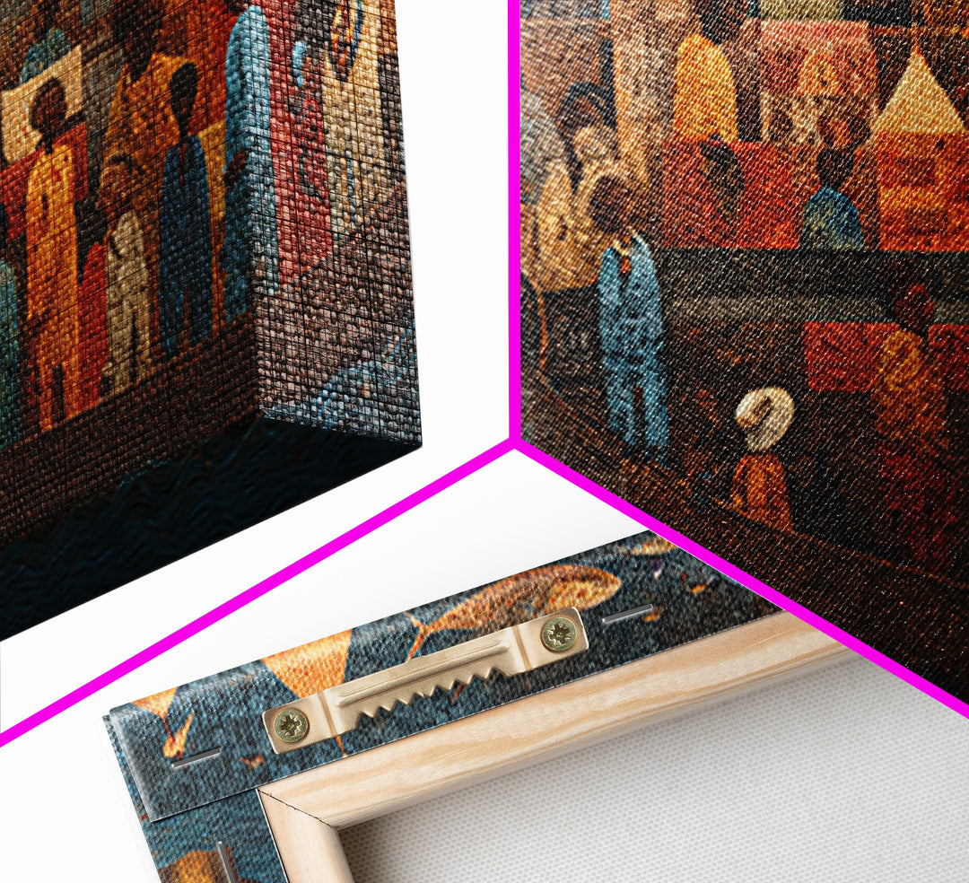 Moonlit African Story Boat Wall Art, Folk Village Figures And Ancestral River, Afrocentric Cultural Decor Canvas Print Gift