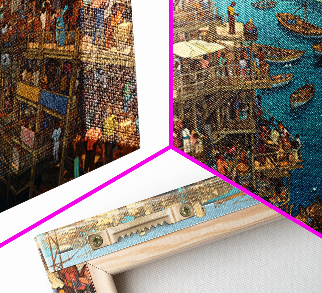 Crowded Coastal Harbor Wall Art, African Waterfront Market City, Detailed Boat Scene For Urban Living Room Decor Canvas Print Gift
