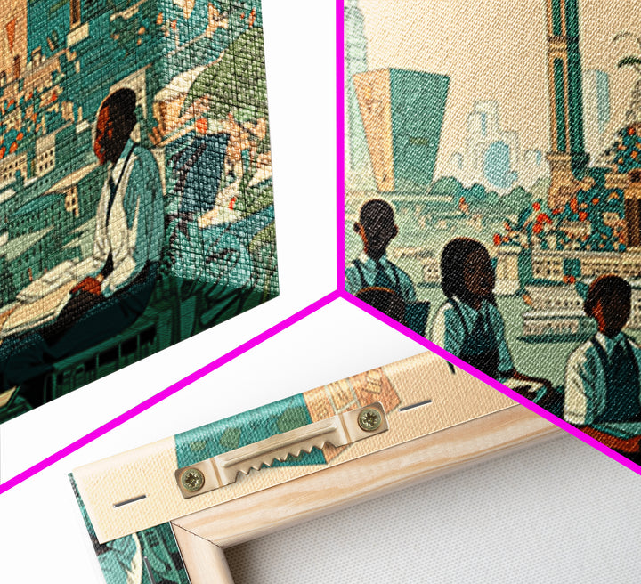 Afrofuturist Classroom Wall Art, African Children Cityscape, Black Education Poster, Modern Culture Home Decor Gift, Canvas Print