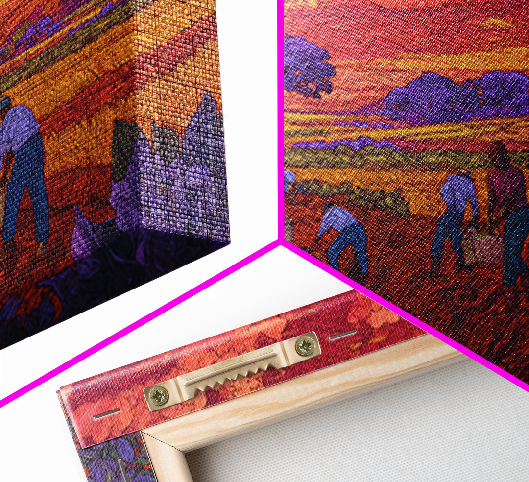 Purple Tree Harvest Wall Art, African Village Landscape, Colorful Sunset Field Painting, Cultural Canvas Print Decor Gift