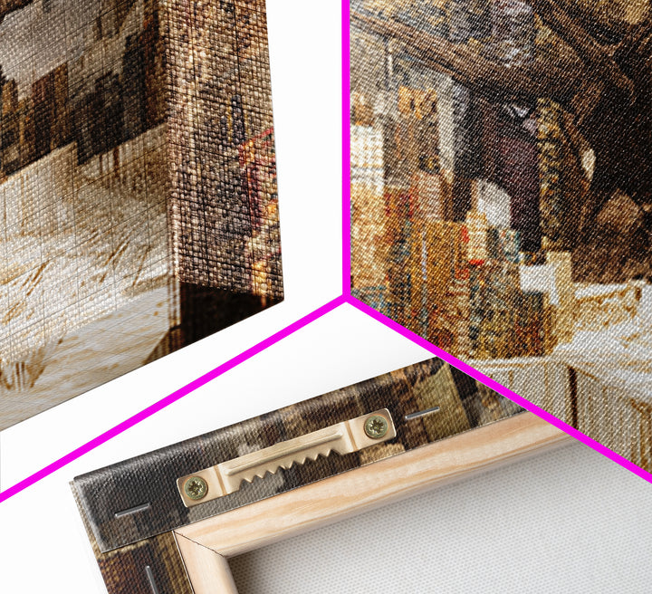 Golden Baobab In Abstract Cityscape Wall Art, African Landscape, Modern African Art, Earth Tone Living Room Decor Canvas