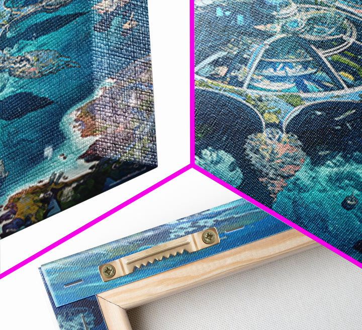 Futuristic Ocean City And Floating Islands Canvas Print, Afrofuturism Wall Art, Blue Sci Fi Coastal Home Decor For Office Gift