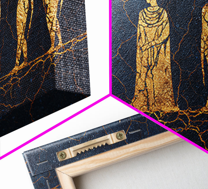 Golden Tribal Figures On Cracked Blue Wall Art, Ancient African Art Print, Ethnic Sculpture Decor, Cultural Home Decor Gift