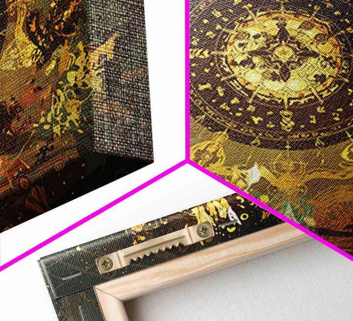 Golden Zodiac Circle And Mystical Animals Wall Art, Spiritual Decor, Astrology Inspired Canvas Print, Boho Home Decor, Gift