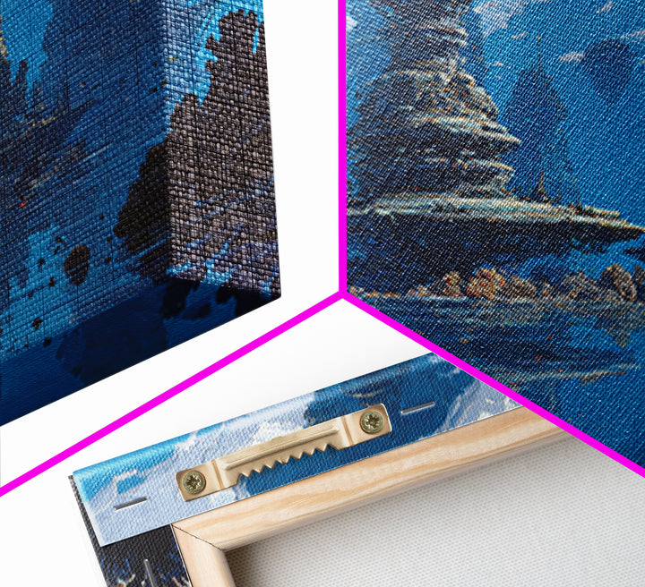 Blue Underwater Fantasy Cityscape Wall Art, Modern Canvas Print, Dreamy Ocean Decor, Unique Large Living Room Art, Home Decor Gift