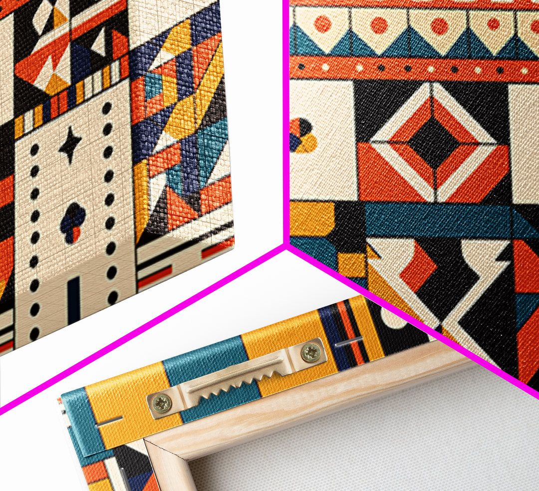 Bold Ankara Geometric Pattern Wall Art, African Fabric Design, African Patterns, Tribal Art Decor, Orange Teal Home Decor