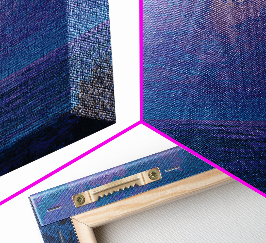 Moonlit African Kora By Ocean, Blue Purple Canvas Print, Afrocentric Wall Decor, African Music Art, Dreamy Coastal Decor