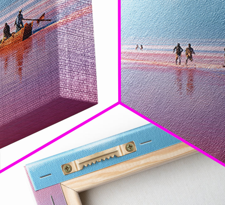 Pink Lake Boat With African Fishermen Wall Art, Senegal Travel Photography, Coastal Canvas Print, Pastel Blue Home Decor Gift