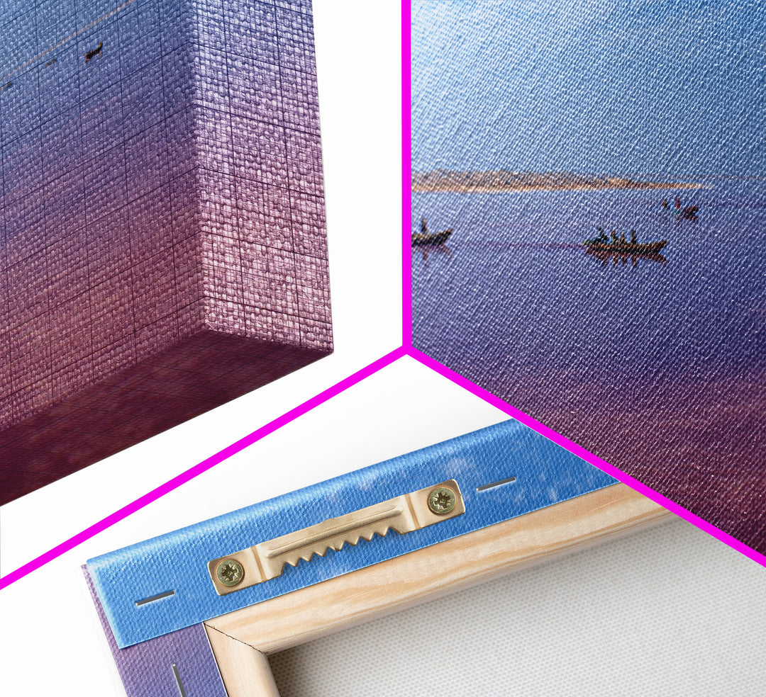 Wide Pink African Lake With Fishing Boats Wall Art, Serene Travel Photography, Blue Sky Canvas Print, Coastal Living Room Decor