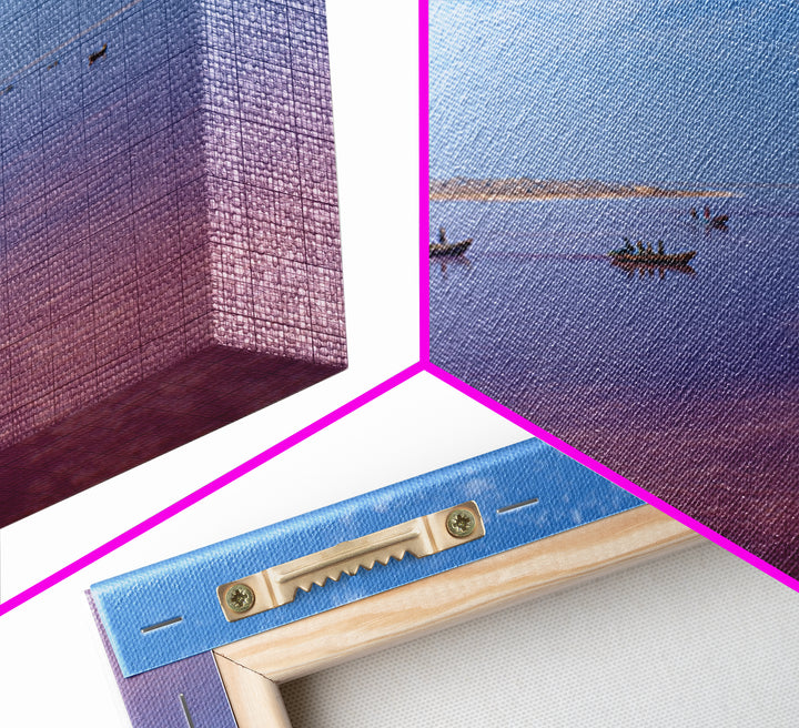 Wide Pink African Lake With Fishing Boats Wall Art, Serene Travel Photography, Blue Sky Canvas Print, Coastal Living Room Decor