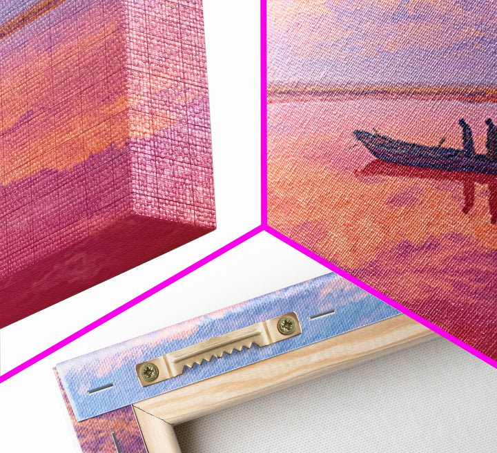 Pastel Pink Lake Boat At Sunset Canvas Print, African Landscape Wall Art, Dreamy Coastal Decor, Senegal Inspired Travel Gift