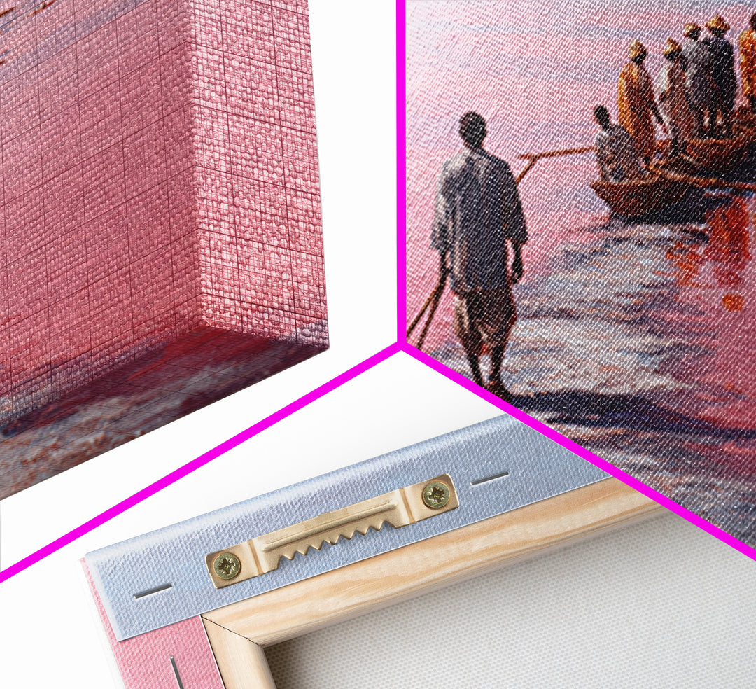 Pink Salt Lake Fishermen And Boats Wall Art, African Landscape, Senegal Travel Poster, Coastal Fishing Decor, Large Canvas