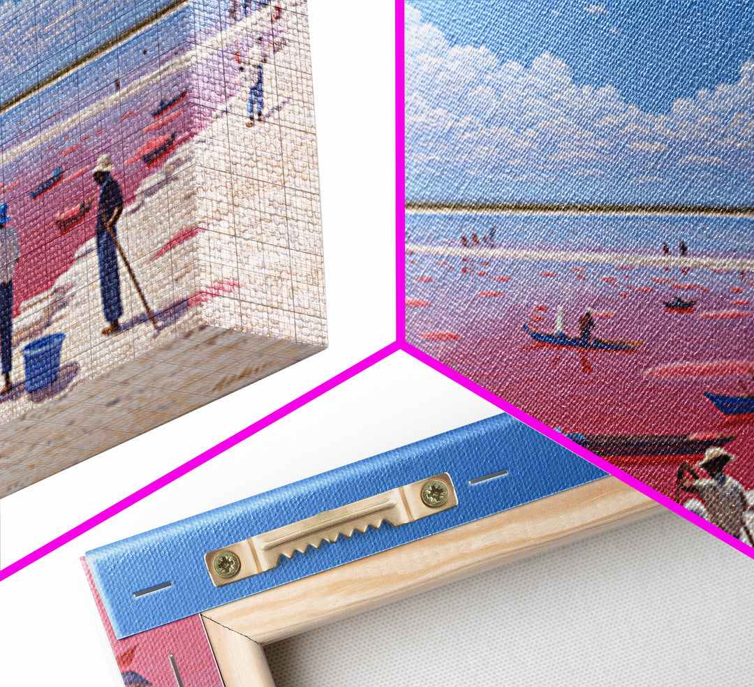 Vibrant Pink Lake Boats Under Clouds Framed Canvas Print, African Landscape, Senegal Travel Poster, Coastal Wall Decor Gift