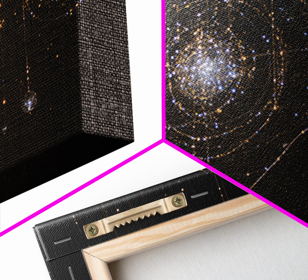 Golden Hanging Galaxy Lights Wall Art, Abstract Black Background, Spiritual Modern Art, Luxury Home Decor, Dreamy Canvas Print