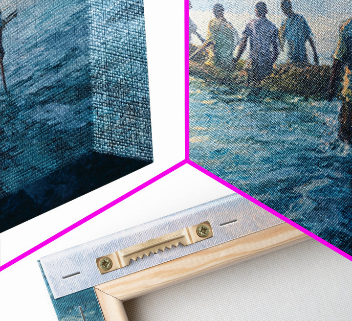 Blue Lake Fishermen In Canoe Canvas Print, African Art Print, Coastal Water Painting, Living Room Decor, Unique Canvas Gift