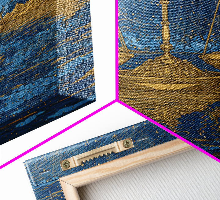 Golden Scales Over Desert Lake Wall Art, African Egyptian Art, Mystical Wall Art, Blue Gold Canvas, Statement Wall Decor